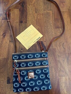 Dooney & Bourke Navy White Penn State Logo Crossbody with Brown Trim